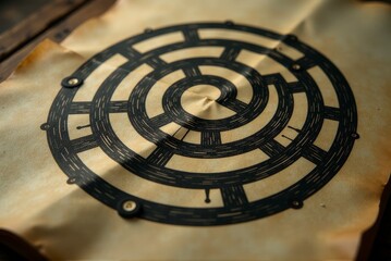 A detailed maze pattern on aged paper, evoking mystery and exploration.