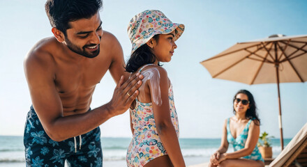 Caring father applying sunscreen on his daughter's shoulder during a family beach vacation
