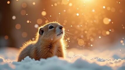 Joyful prairie dog looking up into the snow with soft flakes around, perfect for winter wildlife content, children's media, and animal branding, 4K, motion.