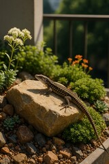 Small lizard sunbathing on a warm rock in a succulent balcony garden