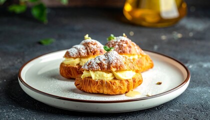 Golden brown croissants on a dark ceramic plate, freshly sprinkled with powdered sugar