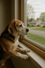 Pensive senior beagle looking out a window, waiting for its owner