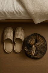 Tabby cat sleeping peacefully curled up next to a pair of slippers by a bed