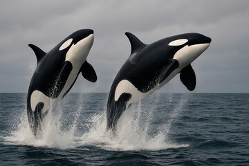 Pair of orcas joyfully breaching together against a cloudy sky