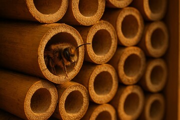 Macro photo of a solitary bee peeking out from a bamboo tube in an insect hotel