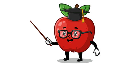 Cartoon apple character wearing glasses and graduation cap holding a pointer stick for education use