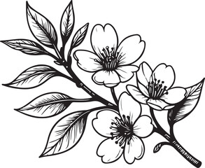 Black and white illustration of a flowering branch with leaves botanical
