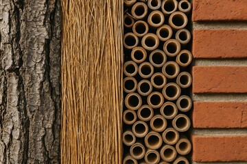 Abstract flat lay of natural textures in an insect hotel: bark, twigs, bamboo, and brick