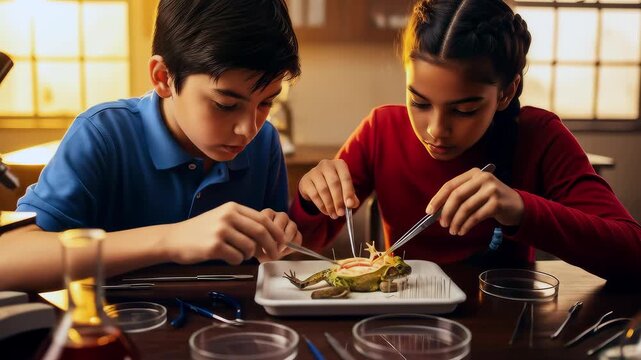 Schoolchildren focused working as team on practical work in biology lessons, frog dissection, studying the structure of amphibians, school laboratory and pursuit of knowledge, back to school concept