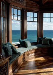 Curved bay window seat with teal cushions and panoramic ocean view in luxury timber interior