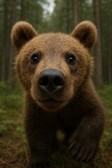 Curious baby bear cub looking directly into the camera in a lush forest