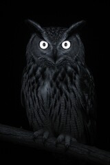 Mysterious owl with glowing white eyes perched in a dark forest at night