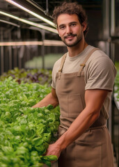 Smiling indoor farmer tending fresh basil in a modern hydroponic vertical farm