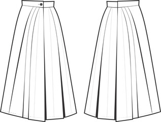 Cad drawing flat vector illustration, pleated skirt front and back view, fashion sketch, garment template
