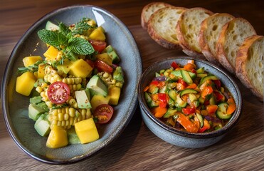 Colourful summer salad of mango, avocado and sweetcorn with chopped vegetable chakalaka side and crusty bread