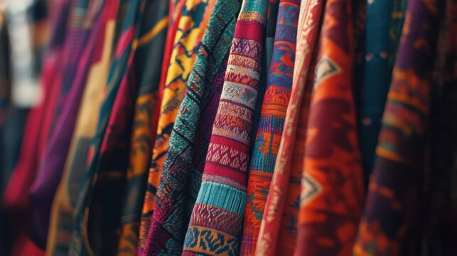 A close-up of colorful Mizo textiles displayed in a market during festive season