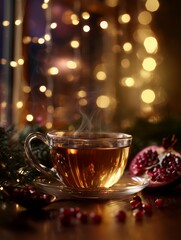 Hot herbal tea in glass cup with steam and pomegranate festive bokeh lights