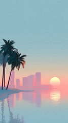 Retro 80s vibe colored, minimalist beach city, miami, vice city, landscape with palms, Aspect ratio 9.16