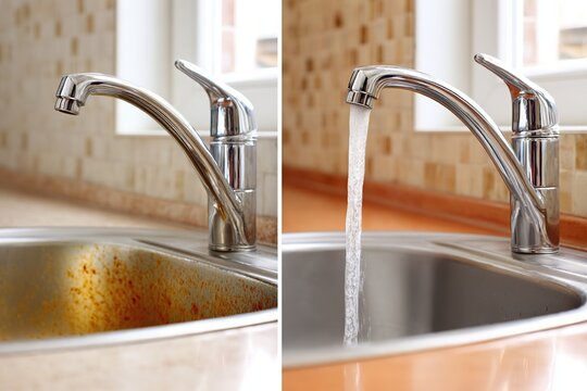 Before and after cleaning kitchen sink tap showing dramatic shine and cleanliness transformation