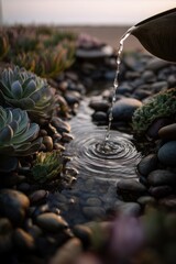 Macro view of succulents and pebble creek with dripping water and ripples in soft evening light
