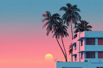 Retro 80s vibe colored, minimalist beach city, miami, vice city, landscape with palms