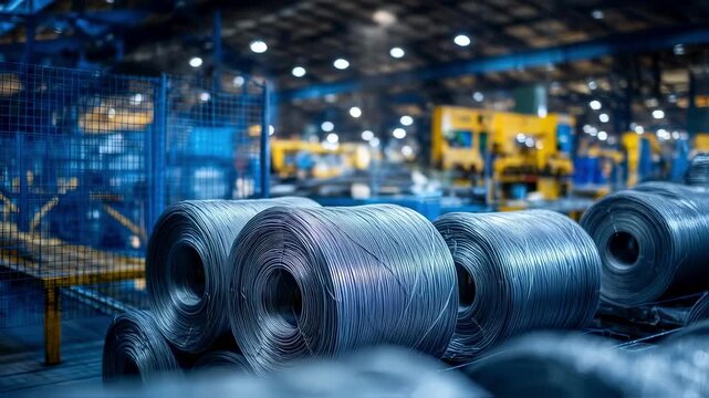 Coils of metal wire sit in a factory, showcasing the manufacturing process of steel wire production and storage within the industrial environment