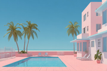 Fototapeta premium City pop, retro 80s minimalist resort, beach city, miami, vice city, landscape with palms 