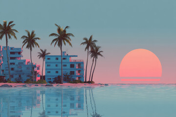 City pop, retro 80s minimalist resort, beach city, miami, vice city, landscape with palms	