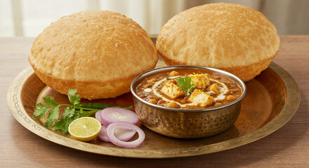 A close-up shot of a vibrant Indian dish, chole bhature