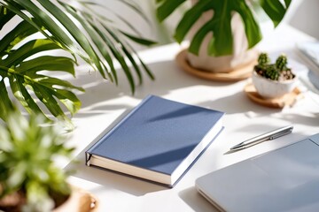 Solid-color book resting on a desk surrounded by greenery and a laptop in a bright office setting