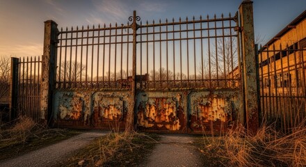 Rusty metal gates of an abandoned factory at sunset