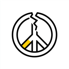 Broken peace symbol with yellow accent representing disarmament concept  