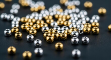 Scattered gold and silver beads on dark surface