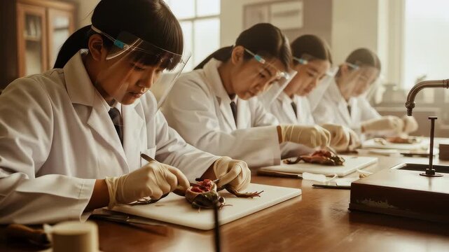 Video of students in biology class dissecting a frog, camera moving left and zooming in on students, scientific approach and practice of studying organisms, practical learning experience school lab