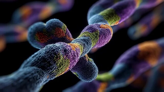 3D microscopic view of genetic recombination showing vibrant gene segments crossing over between paired chromosomes.