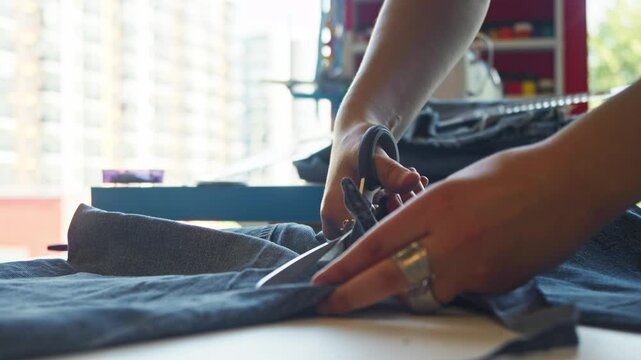 A young lady in a sewing studio meticulously snips a denim fabric into segments using scissors.