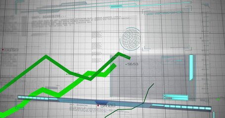 Displaying green line chart rising on dashboard grid featuring numerical annotations and network