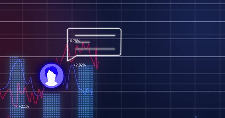 Purple avatar icon floating in dashboard, with charts percentage labels and speech bubble
