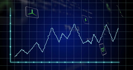 Oscillating jagged line chart on neon grid with axes nodes, turbine icon, lightning bolt, CO2 icon