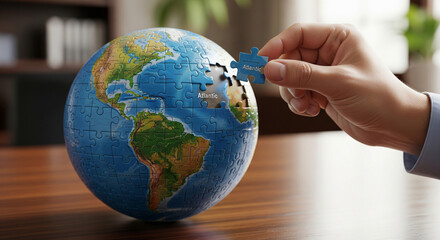 Puzzle globe with one piece missing, hand holding the missing part, symbolizing global solutions, unity, and the importance of each contribution to world problems