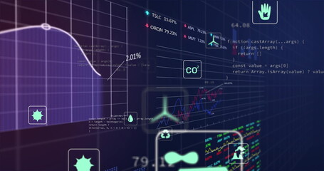 Displaying CO2 label icon floating over digital dashboard grid, with purple line chart, copy space