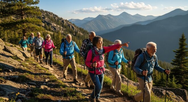 Senior hikers ascend mountain trail