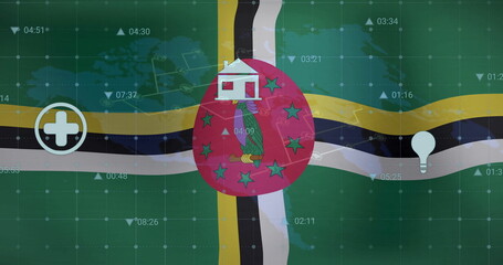 Naklejka premium Showing Dominica flag red circle featuring Sisserou parrot with stars on data dashboard, with icons