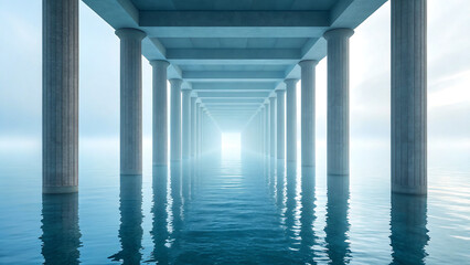 Reflective ocean passage with stunning classical pillars and bright light end
