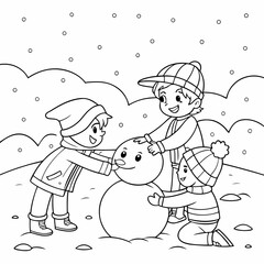 White, Children making a snowman coloring page black and white vector illustration