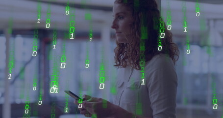 Office worker in pale shirt holding smartphone gazing at green binary code in workspace, copy space
