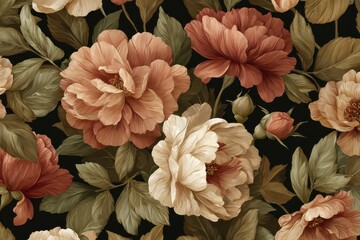 Floral Pattern: Roses, Leaves, Dark Background