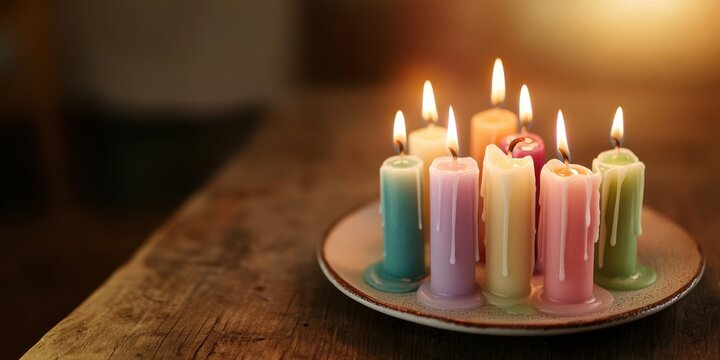 Close-up of ceramic candle plate with burning taper candles, wax melting into artful patterns