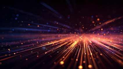 Orange-blue light streaks radiate. Bokeh effects light foreground. Use for technology, presentations, websites, branding, digital posters.