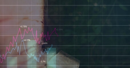 Displaying digital finance chart over sunlit foliage with grid overlay, line graphs and bars